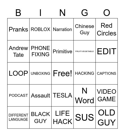 YOUTUBE SHORTS Bingo Card