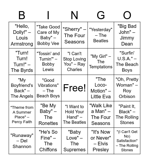 60's Hits! Bingo Card