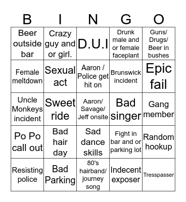 Uncle Monkey's Bngo Bingo Card