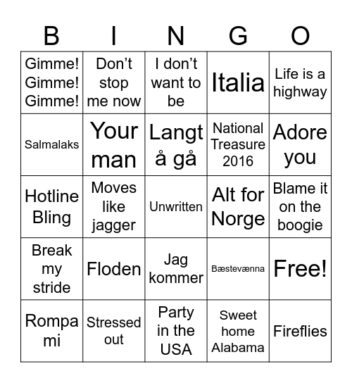 Rikke’s musikkbingo Card