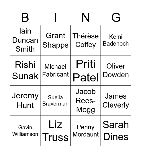 Tory MPs To Go Bingo Card