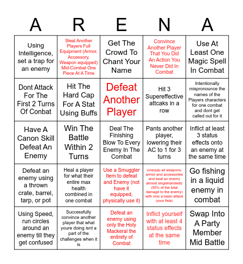 Metaworld Bingo Card