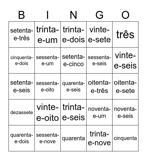 Números (1 a 100) em português! Bingo Card