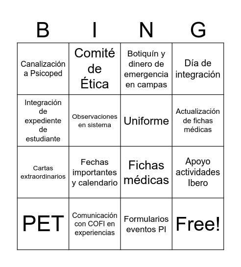 Tutores Bingo Card