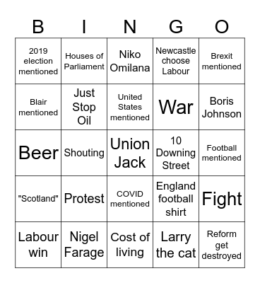 2024 United Kingdom election Bingo Card