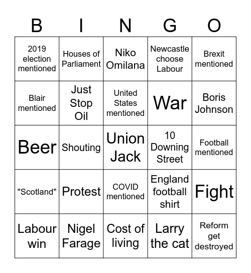 2024 United Kingdom election Bingo Card