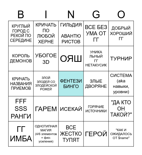 Fantasy anime bingo Card