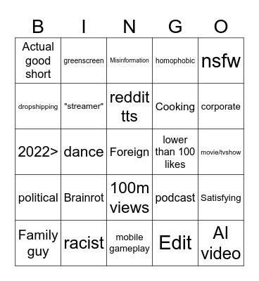 Shorts Bingo Card