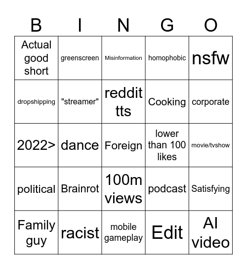 Shorts Bingo Card