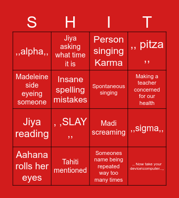 Average school day Bingo Card