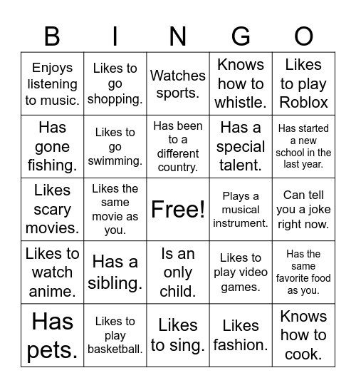 Get to Know You BINGO Card