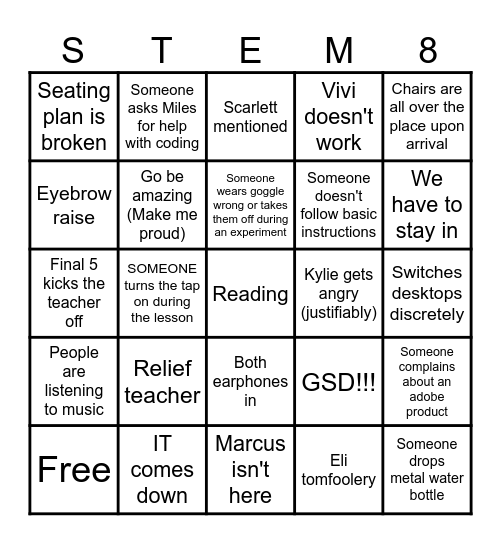 STEM class bingo Card