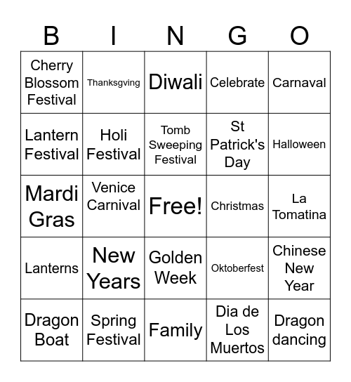 Festivals Bingo Card