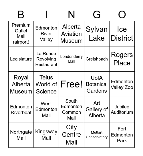 Edmonton Malls/Landmarks Bingo Card