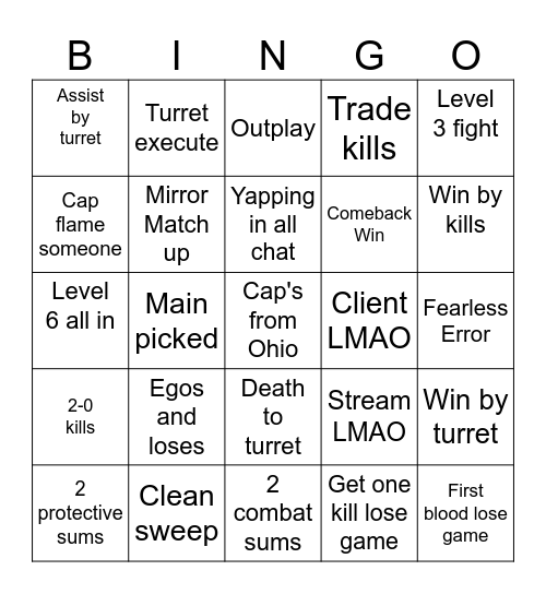 Cap 1v1 Tournament Bingo Card