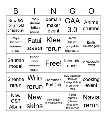 4.8 Livestream Bingo Card