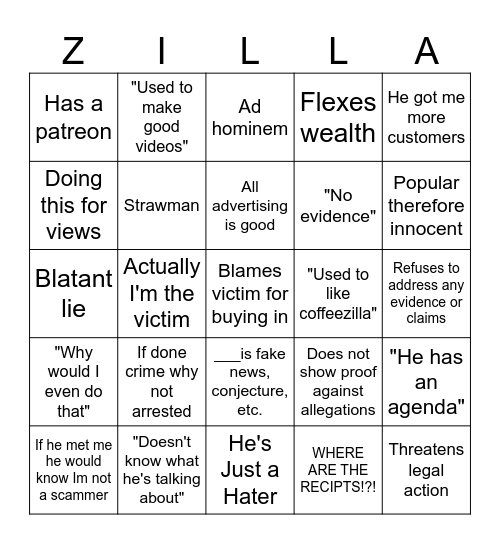 CoffeeZilla Cope Bingo Card