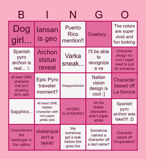 Natlan Teaser Bingo Card