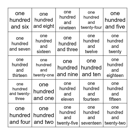 one hundred - one hundred and twenty-five Bingo Card