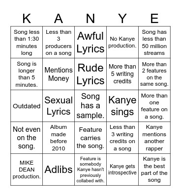 kanye west bingo Card
