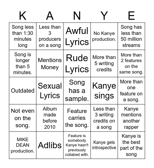 kanye west bingo Card