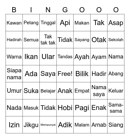 Kosa Kata Bingo Card