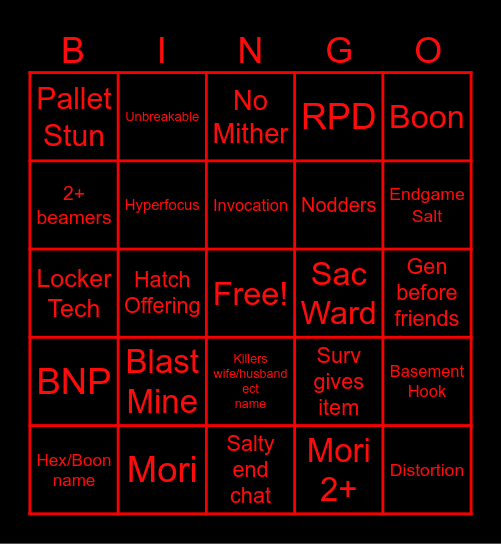 DBD Killer Bingo Card