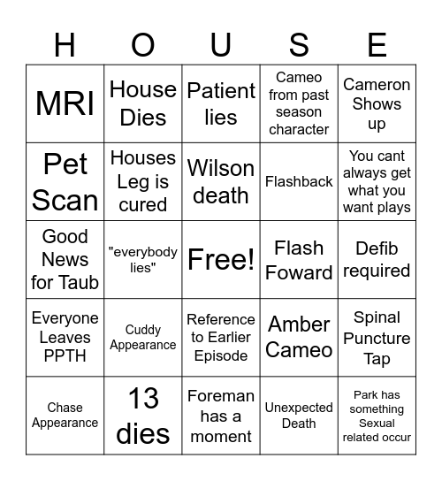 House Finale Bingo Card