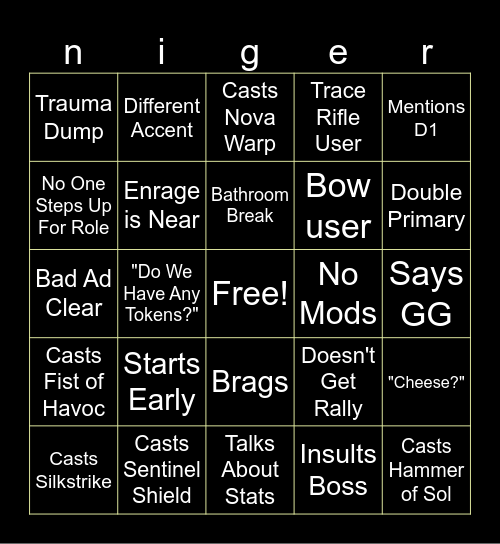 Destiny LFG Bingo Card