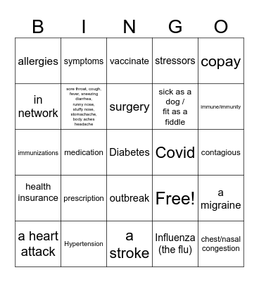 LEVEL 5/6 HEALTH SYMPTOMS AND ILLNESSES Bingo Card