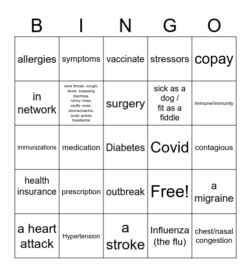 LEVEL 5/6 HEALTH SYMPTOMS AND ILLNESSES Bingo Card