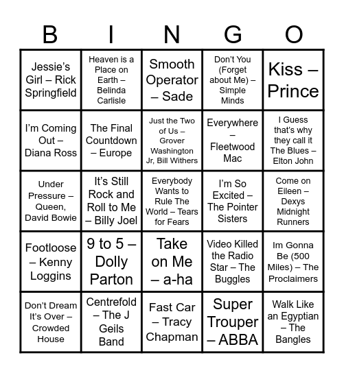 80'S MUSIC BINGO Card