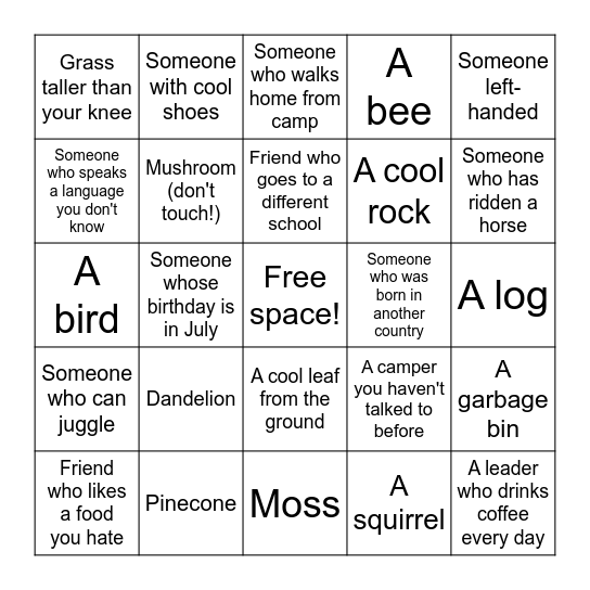 Land N' Sea Scavenger Hunt Bingo Card