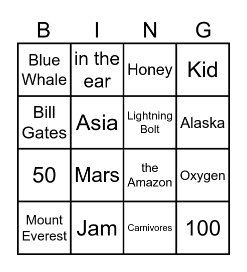 General Knowledge Bingo Card