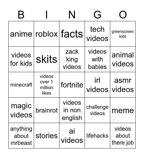 youtube shorts Bingo Card