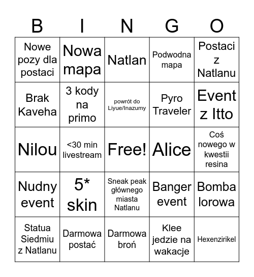 Genshin 4.8 Bingo Card