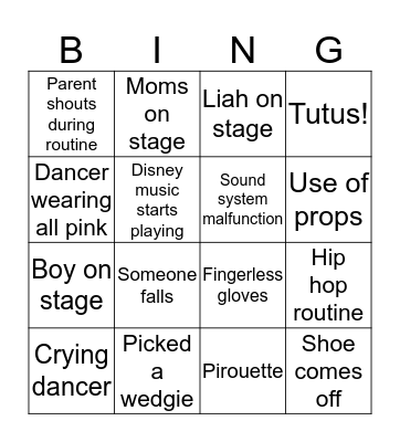 Dance Recital Bingo Card