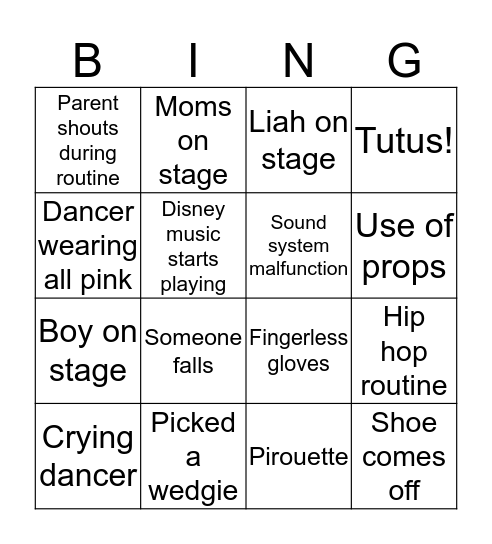 Dance Recital Bingo Card