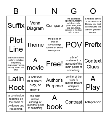 English Vocab Bingo Card