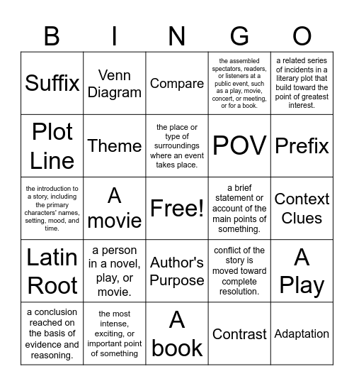 English Vocab Bingo Card