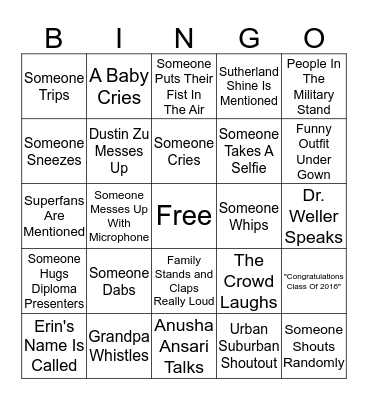 Erin's Graduation Bingo Card