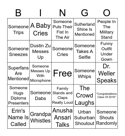 Erin's Graduation Bingo Card