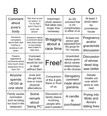 Weldt Girls Shopping Day Bingo Card