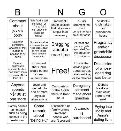 Weldt Girls Shopping Day Bingo Card