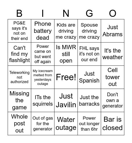 FHL POWER OUTAGE Bingo Card