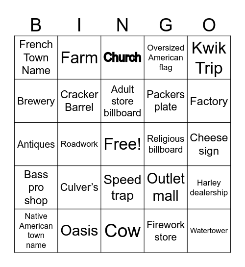 Midwest Roadtrip Bingo Card