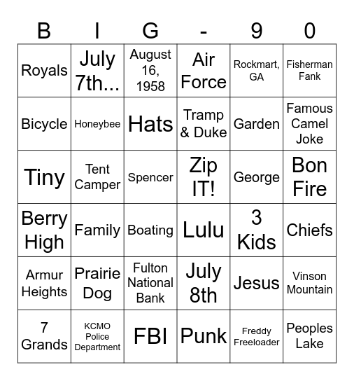 90th Birthday Bingo Card