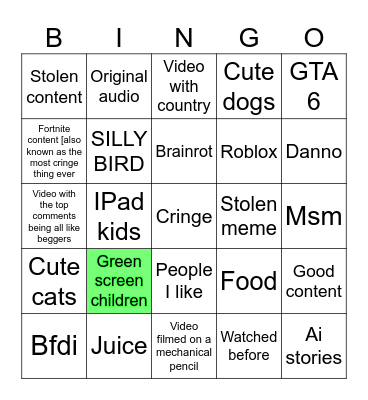 YouTube shorts bingo Card