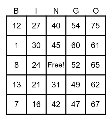 Mary's Bingo Card Bingo Card