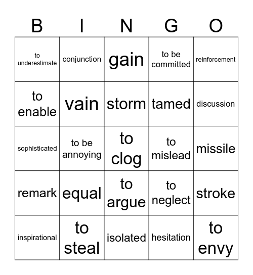 Vocabulary revision Bingo Card